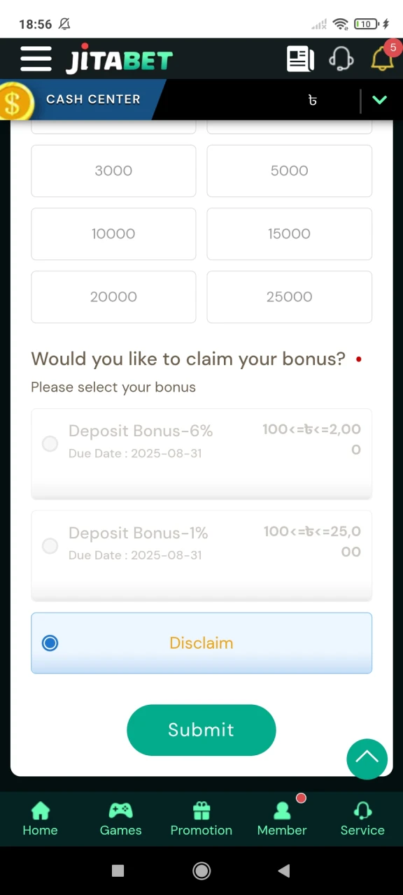 Complete your deposit on the Jitabet website.