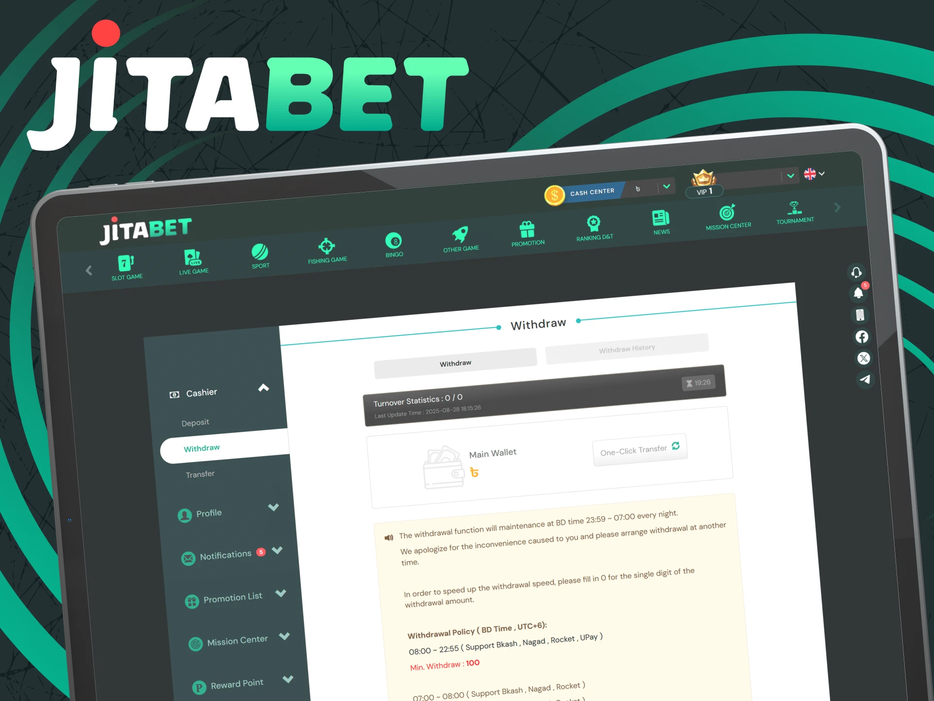 Withdraw funds in a convenient way on the Jitabet website.