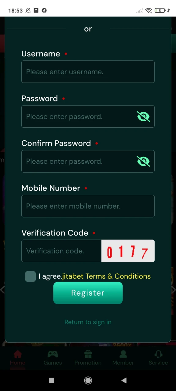 Complete registration on the Jitabet website.